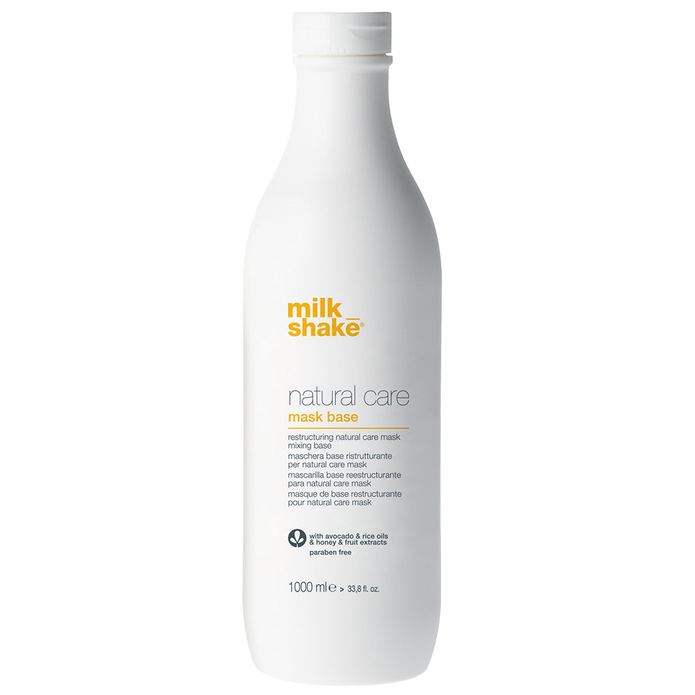 milk_shake natural care mask base Use restructuring milk_shake natural care mask base with natural care milk, yogurt, cocoa and papaya powder compounds to create four different creamy, soft and nourishing masks with a pleasant, sweet milk fragrance. The mask base contains avocado and rice oil, honey and fruit extracts, specific hydrating agents, vitamin E and Integrity 41® that protects hair color from free radicals and fading. The mask base formula acts on the inner and outer layers of the hair, binding w